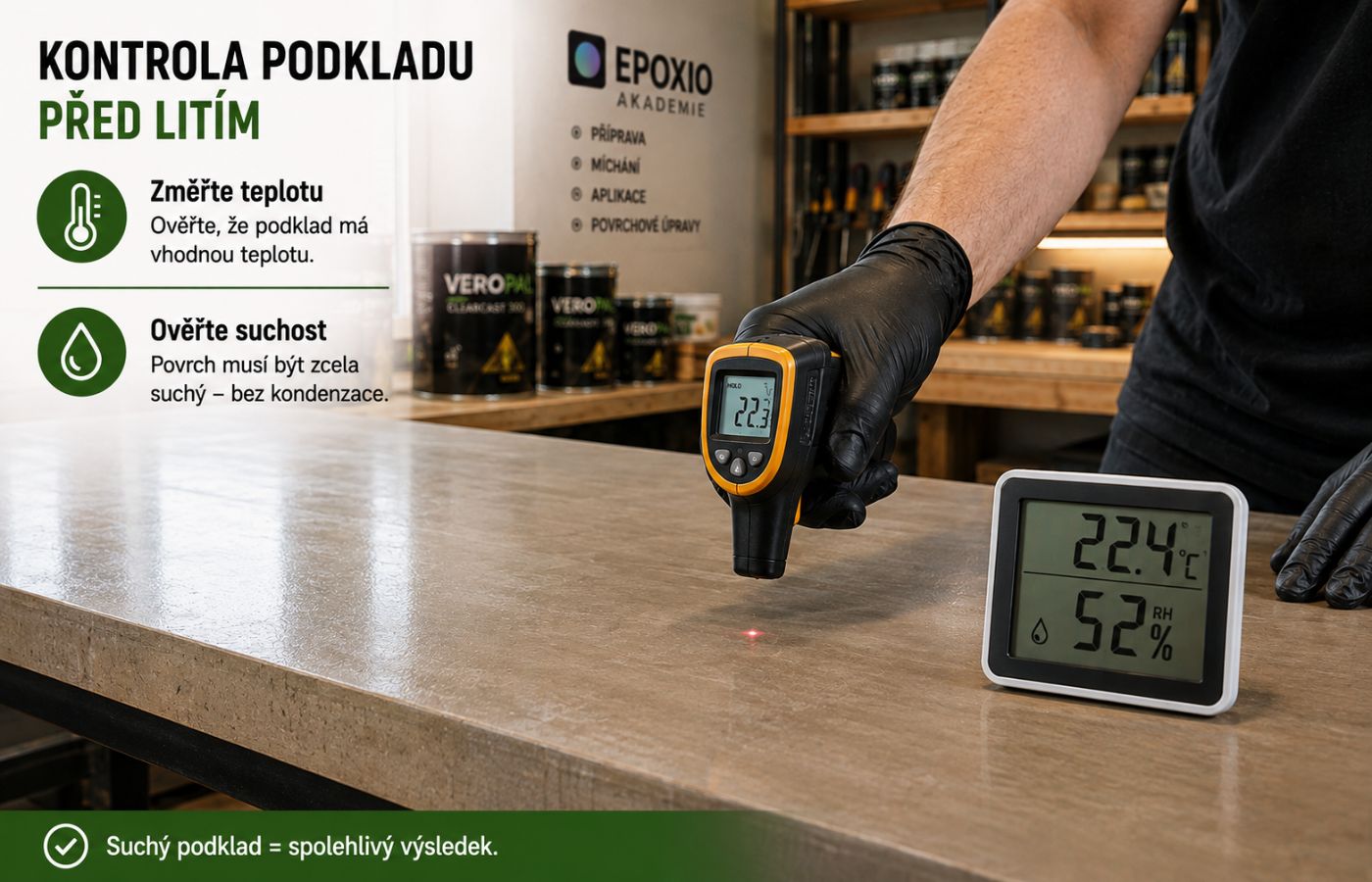 Kontrola suchého podkladu bez kondenzace před nanesením epoxidové pryskyřice